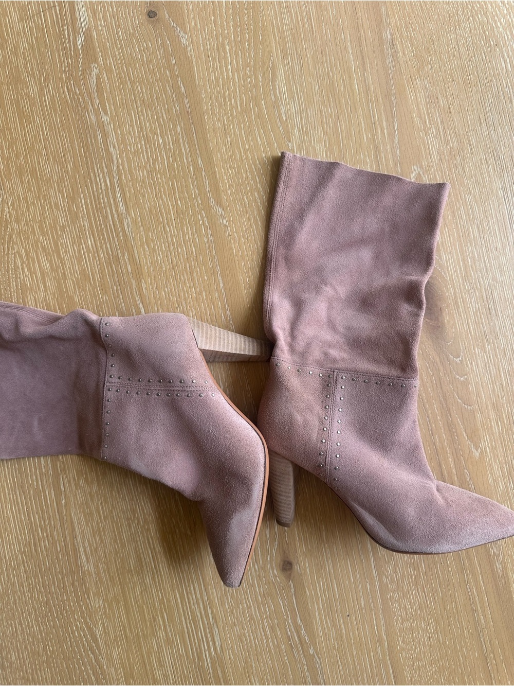 Women's Pink Suede Mid-Calf Stacked Heel Boots